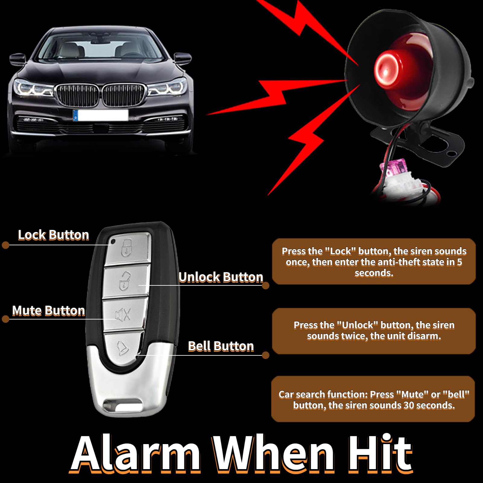 Car Horn Siren Alarm,Universal Car Alarm Security Protection System With 2 Remote Controls,7 Level Sensitivity,12V,Anti Theft De